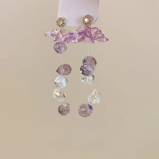 Earwish - Purple Floral & Long Beaded Fringe Earrings - Delicate