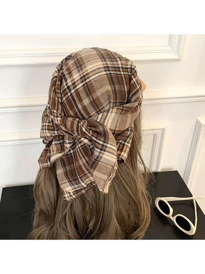 Haila - Plaid Embroidered Tie Back Headscarf Cap