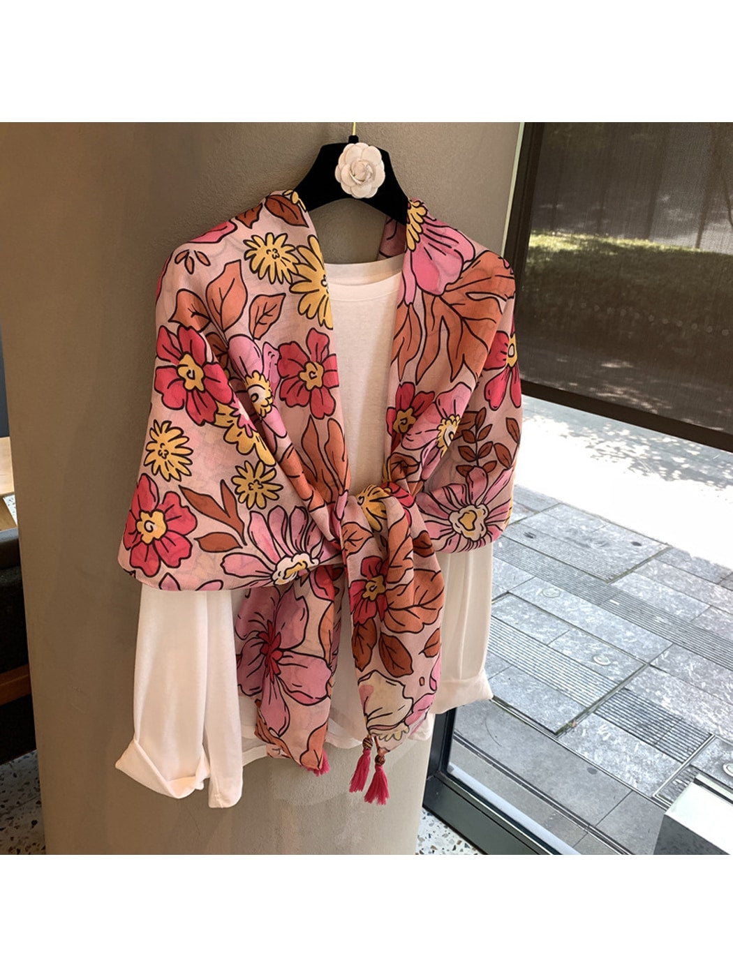 Scarvii - Floral Print Tassel Drape Shawl Scarf
