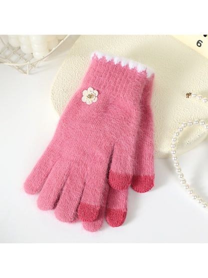 Gloving - Floral Accent Fuzzy Knit Winter Gloves