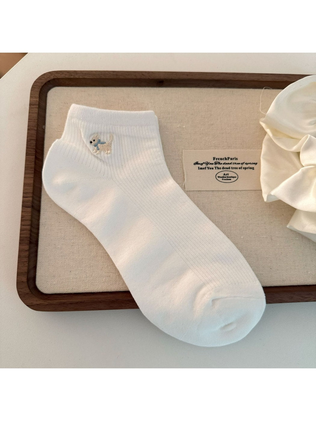 Rufia - Cute Dog Embroidery Solid Color Ankle Socks