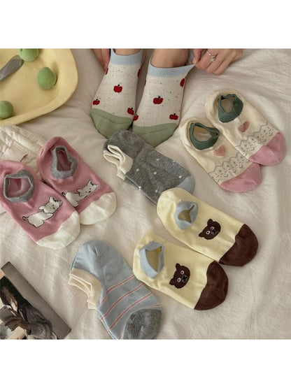 Rufia - Cute Pattern Colorblock Low Ankle Socks