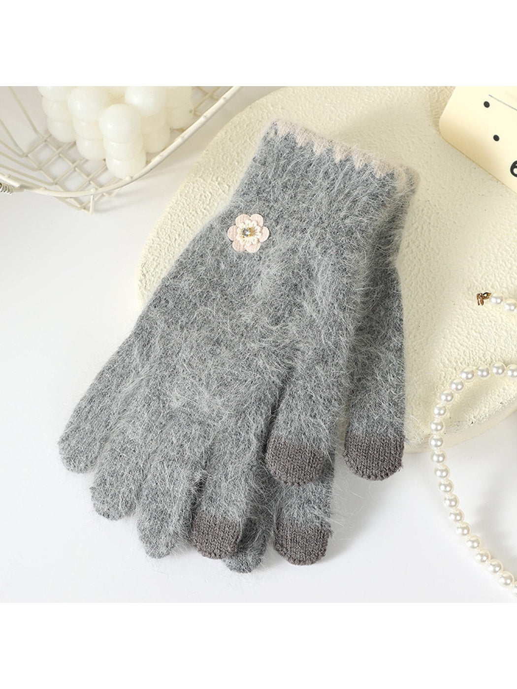 Gloving - Floral Accent Fuzzy Knit Winter Gloves