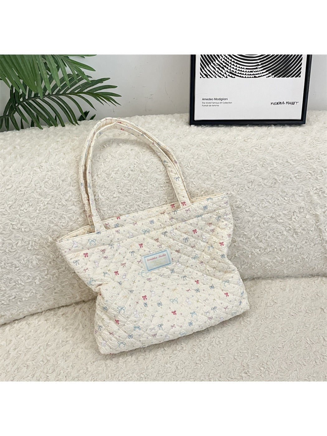 Cosbai - Floral Quilted Tote Bag with Cartoon Pattern