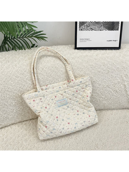 Cosbai - Floral Quilted Tote Bag with Cartoon Pattern