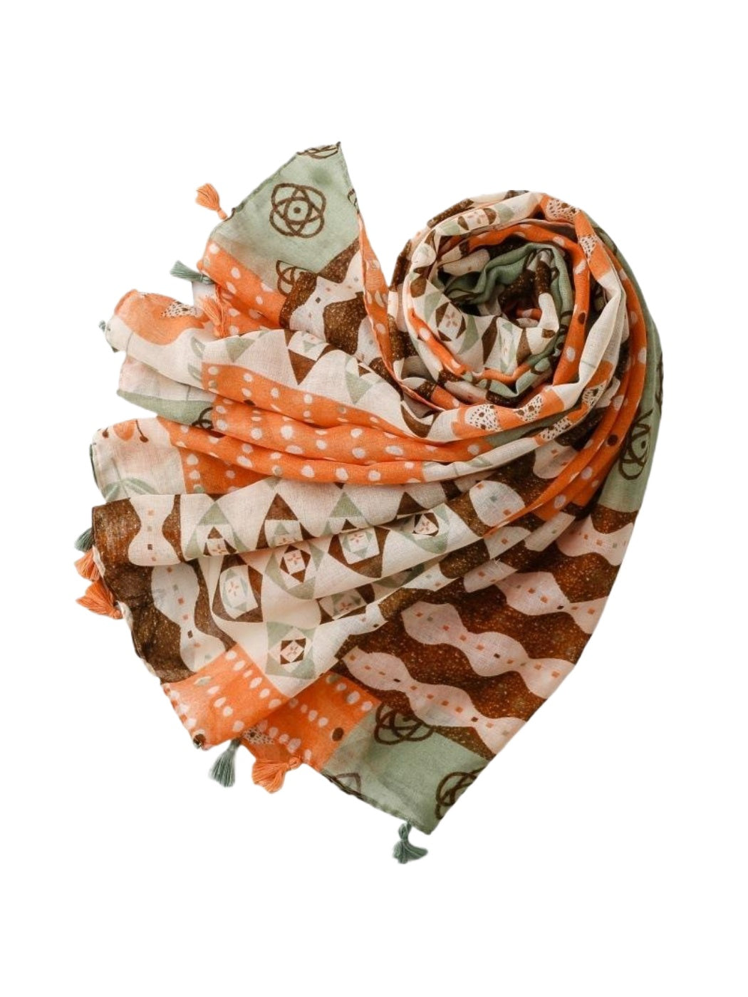 Scarvii scarf folded to display colorful geometric design and tassel edges