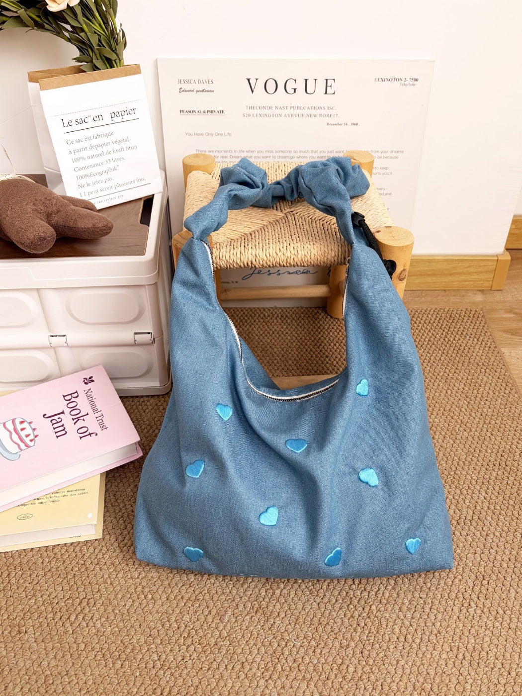 Top view of Cosbai Heart Embroidered Slouchy Shoulder Bag with open
