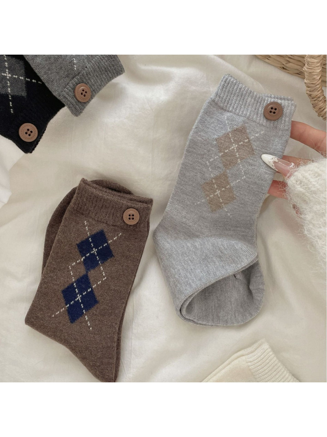 Rufia - Argyle Crew Socks with Button Detail