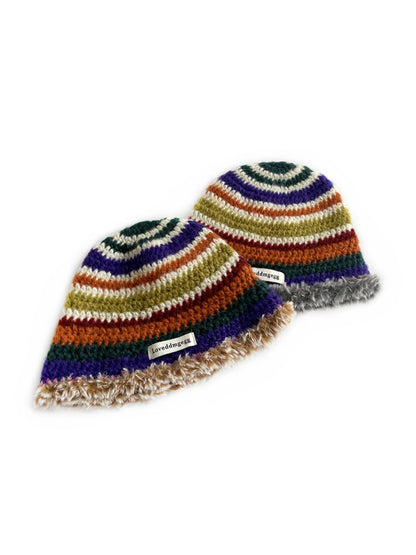 Haila - Retro Stripe Fuzzy Trim Winter Beanie
