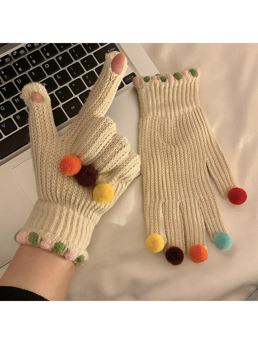 Gloving - Multicolor Pom-Pom Ribbed Gloves