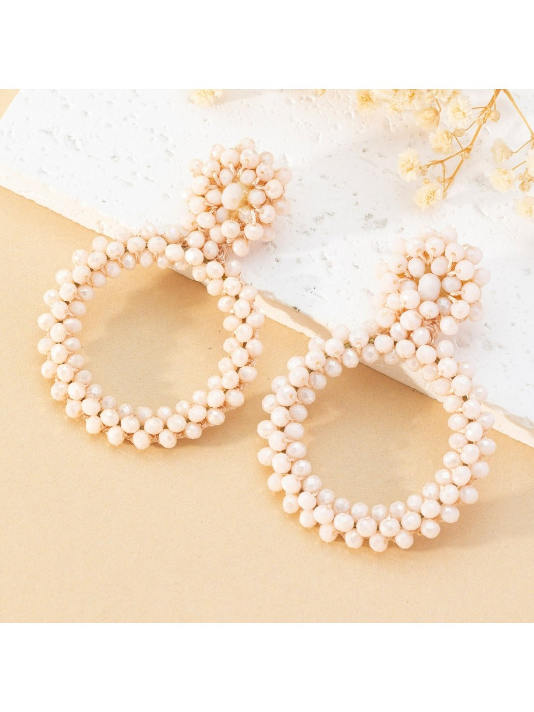 Earwish - Boho Beige Beaded Hoop Earrings - Classic & Elegant