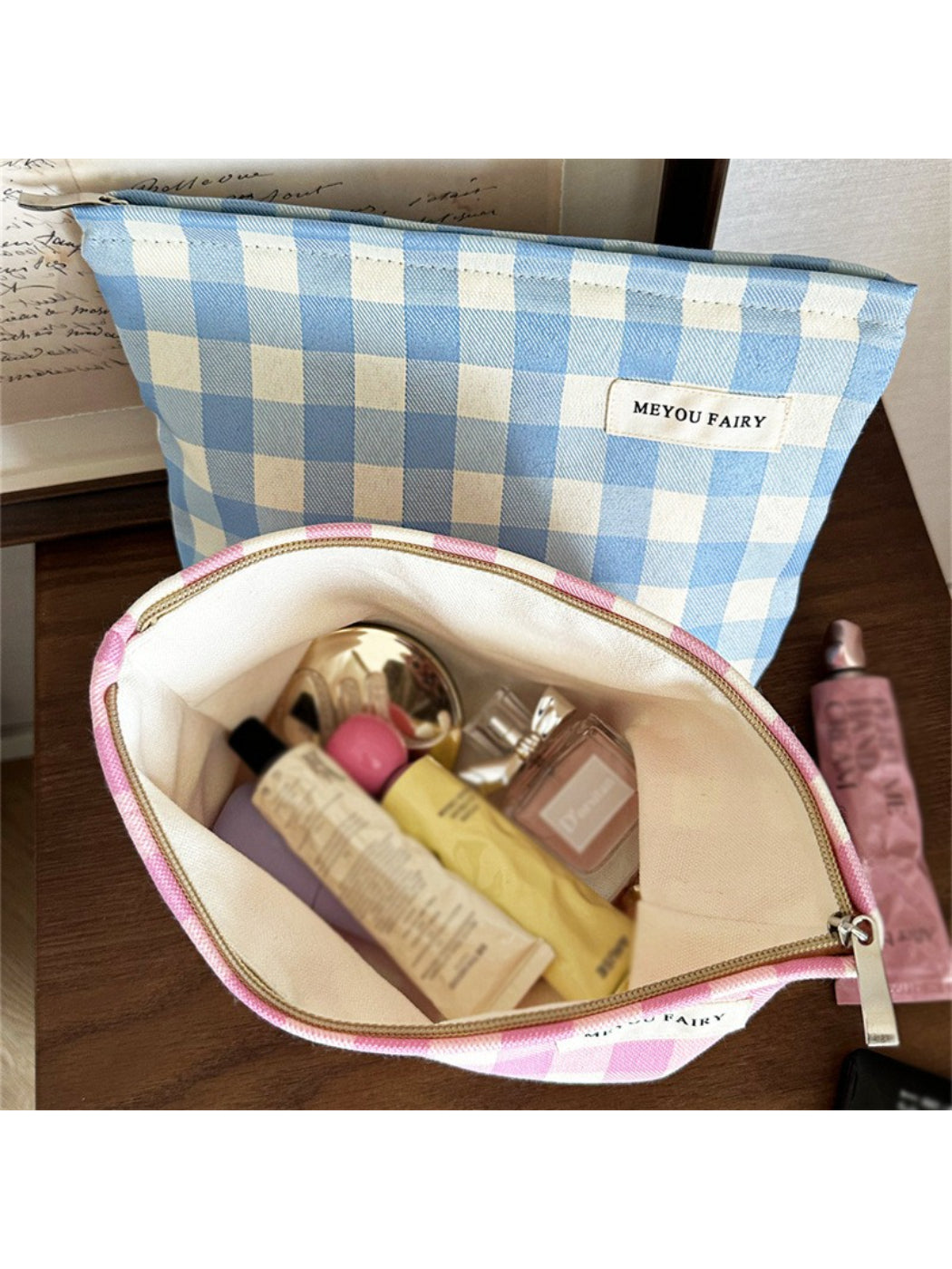 Cosbai pastel check makeup pouch with pastel color scheme in check pattern