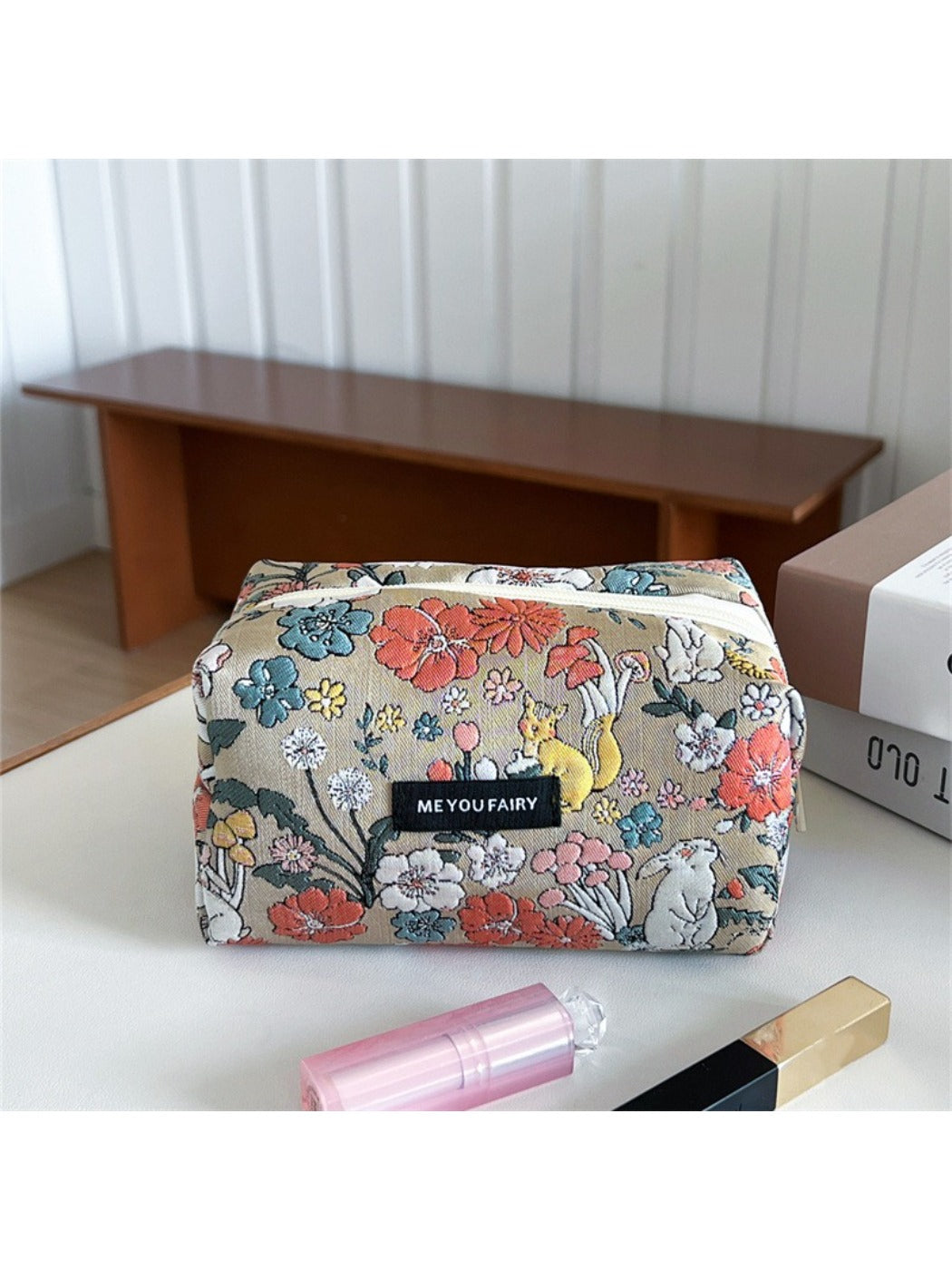 Cosbai Floral Bunny Makeup Pouch displayed flat with visible floral and bunny print