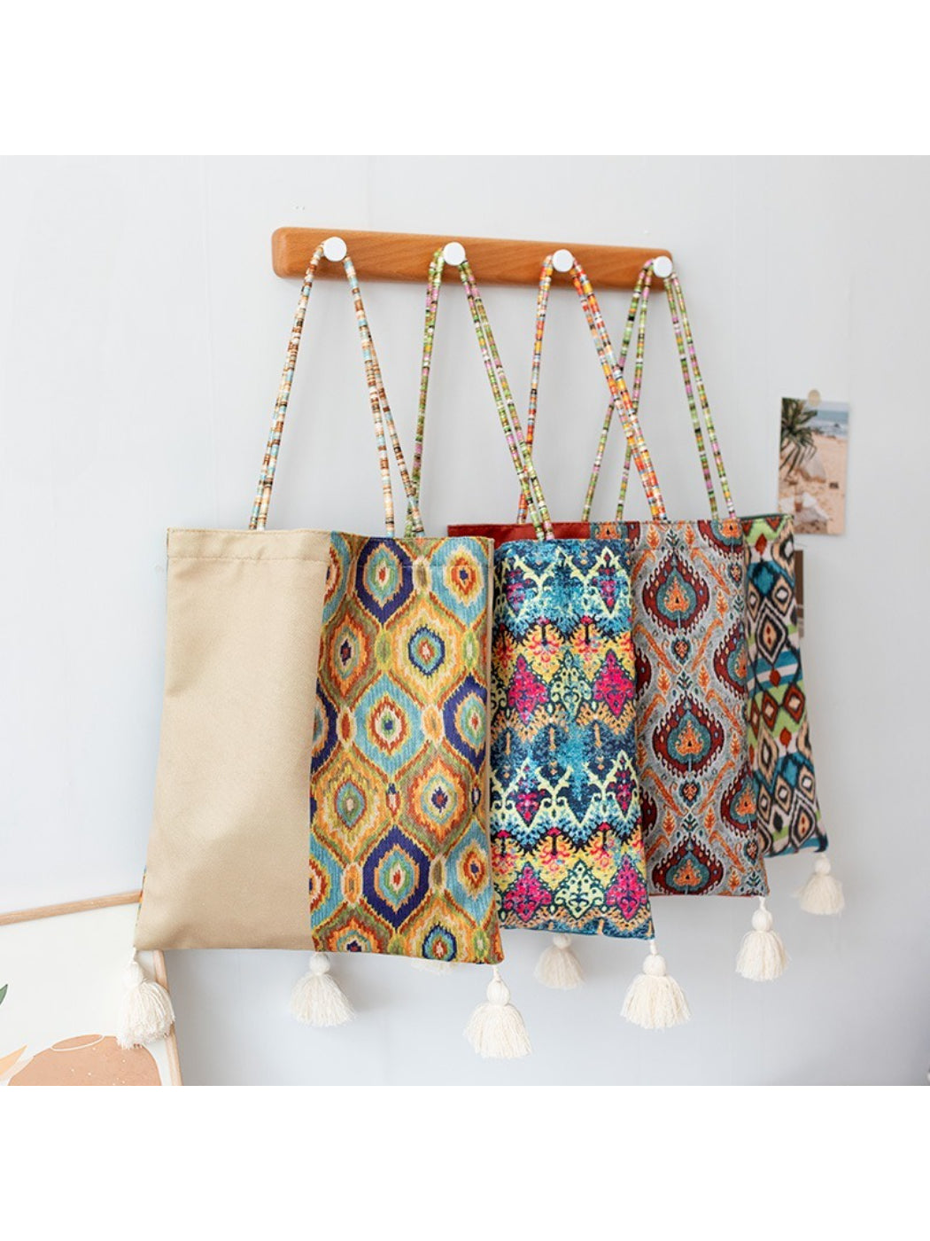 Close-up of Cosbai Boho Ethnic Tassel Tote fabric and tassel design