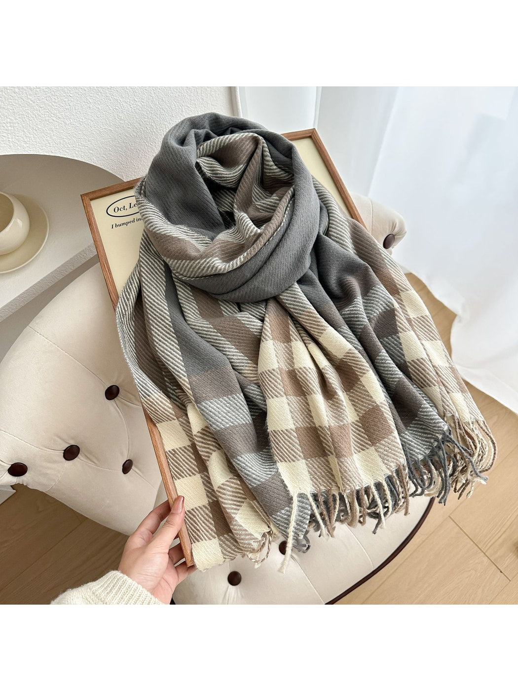 Scarvii - Checked Colorblock Tassel Shawl Scarf