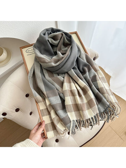 Scarvii - Checked Colorblock Tassel Shawl Scarf