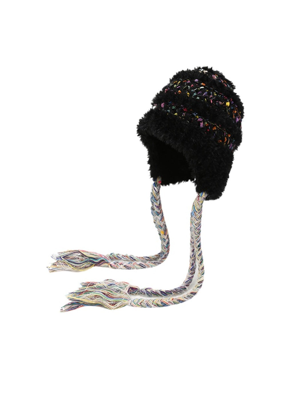 Haila – Plush Knitted Beanie with Colorful Dots & Earflap & Ties