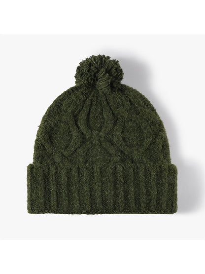 Haila - Pom Pom Cable Knit Folded Cuff Beanie