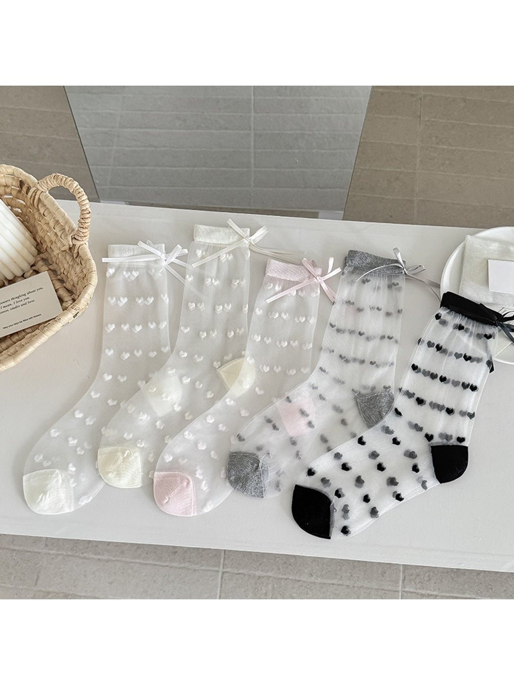Rufia - Sheer Heart Bow Accent Crew Socks
