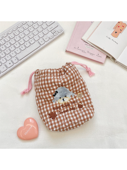 Cosbai - Gingham Bear Drawstring Pouch
