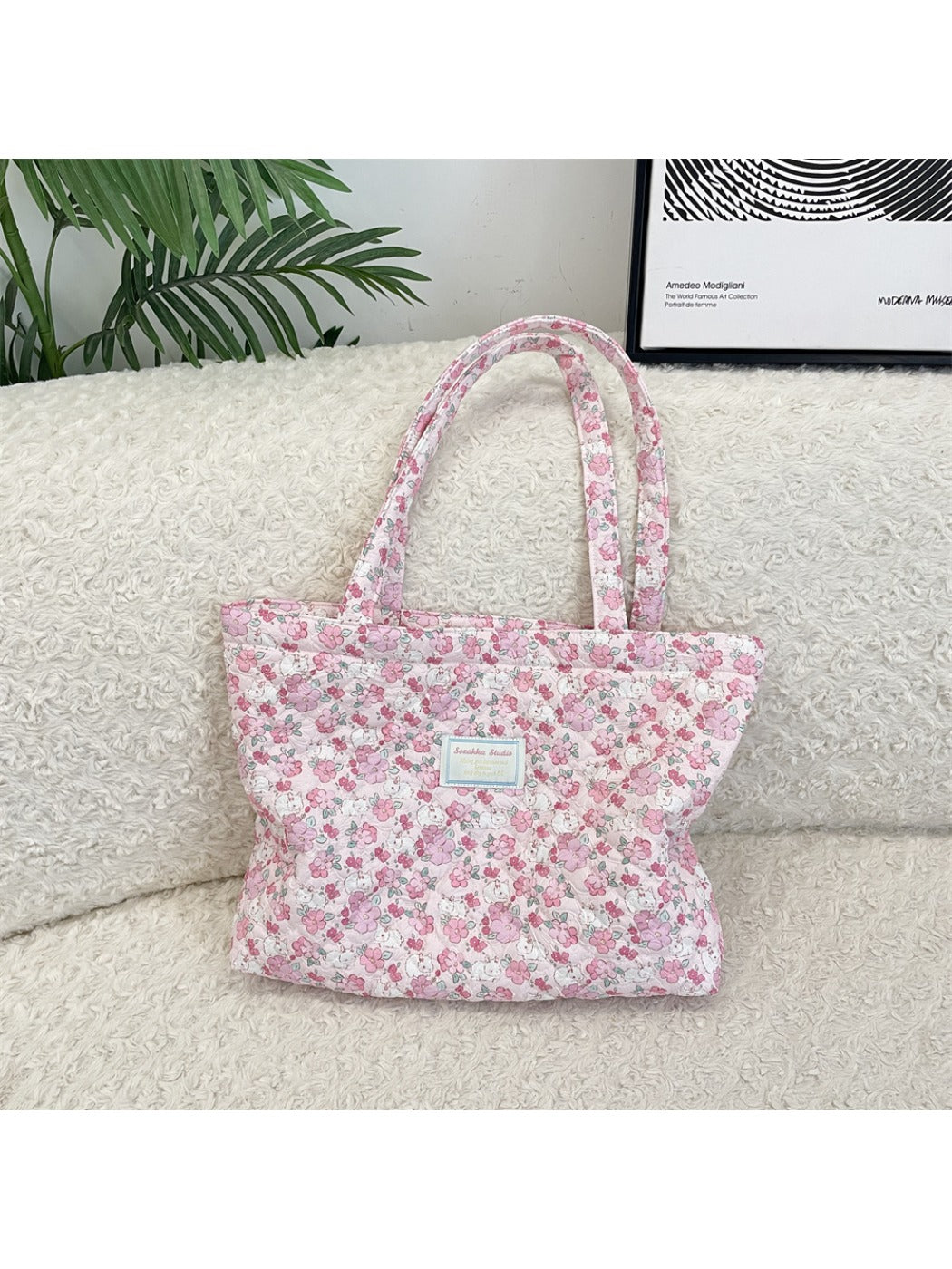 Cosbai - Floral Quilted Tote Bag with Cartoon Pattern