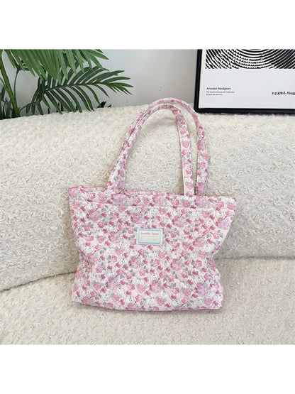 Cosbai - Floral Quilted Tote Bag with Cartoon Pattern