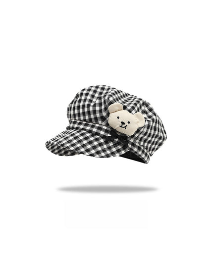 Haila - Plaid Pattern Bear Decoration Beret