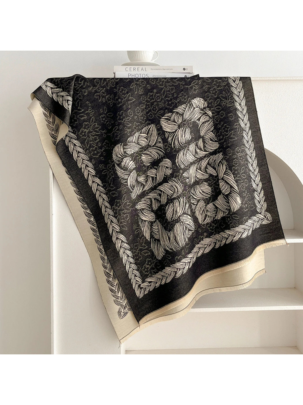 Scarvii - Floral Rope Print Fringe Scarf