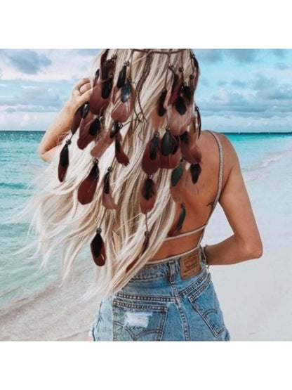Side view of Hairish boho full drop feather hair headpiece with cascading feathers