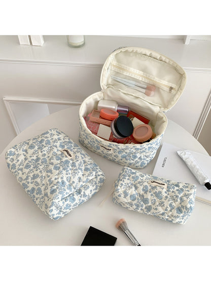 Cosbai - Blue Floral Handheld Cosmetic Organizer Bag
