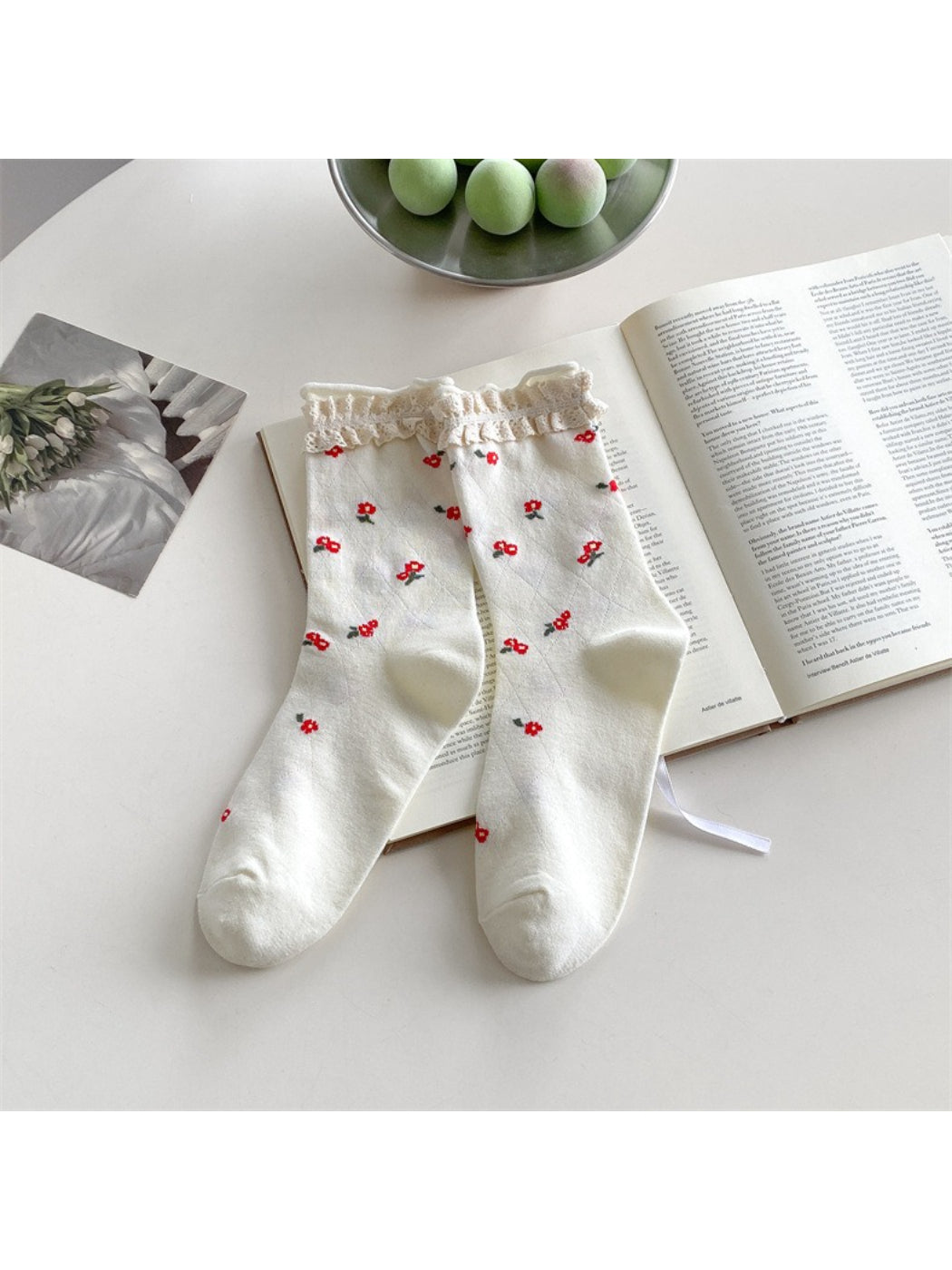 Rufia - Lace Trim Floral Crew Socks