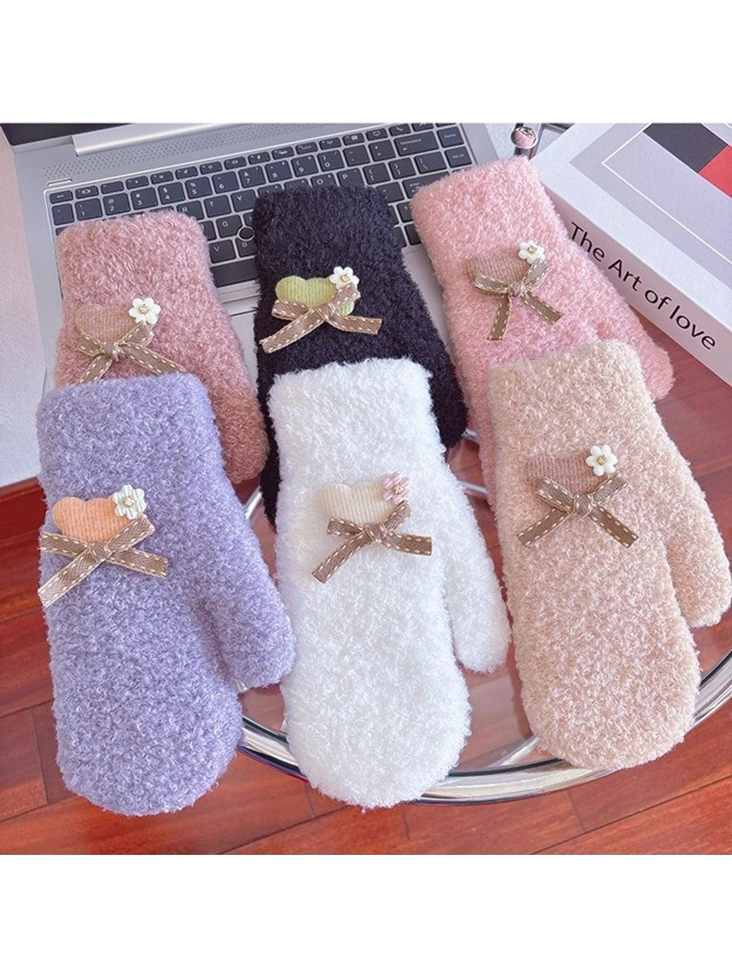 Gloving - Bow Accent Fuzzy Knit Winter Mittens