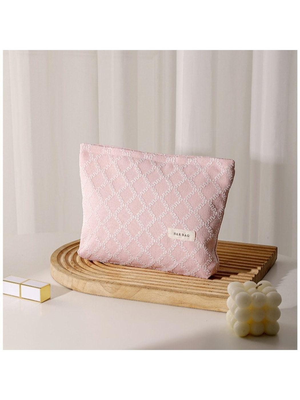 Cosbai - Embossed Square Pattern Zipper Makeup Bag