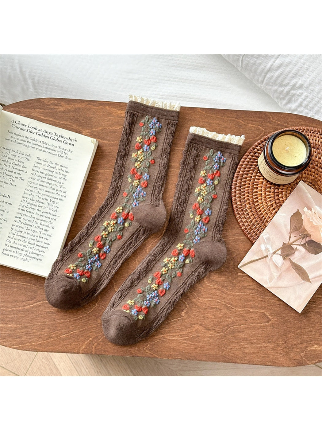 Rufia - Lace Trim Colorful Floral Crew Socks