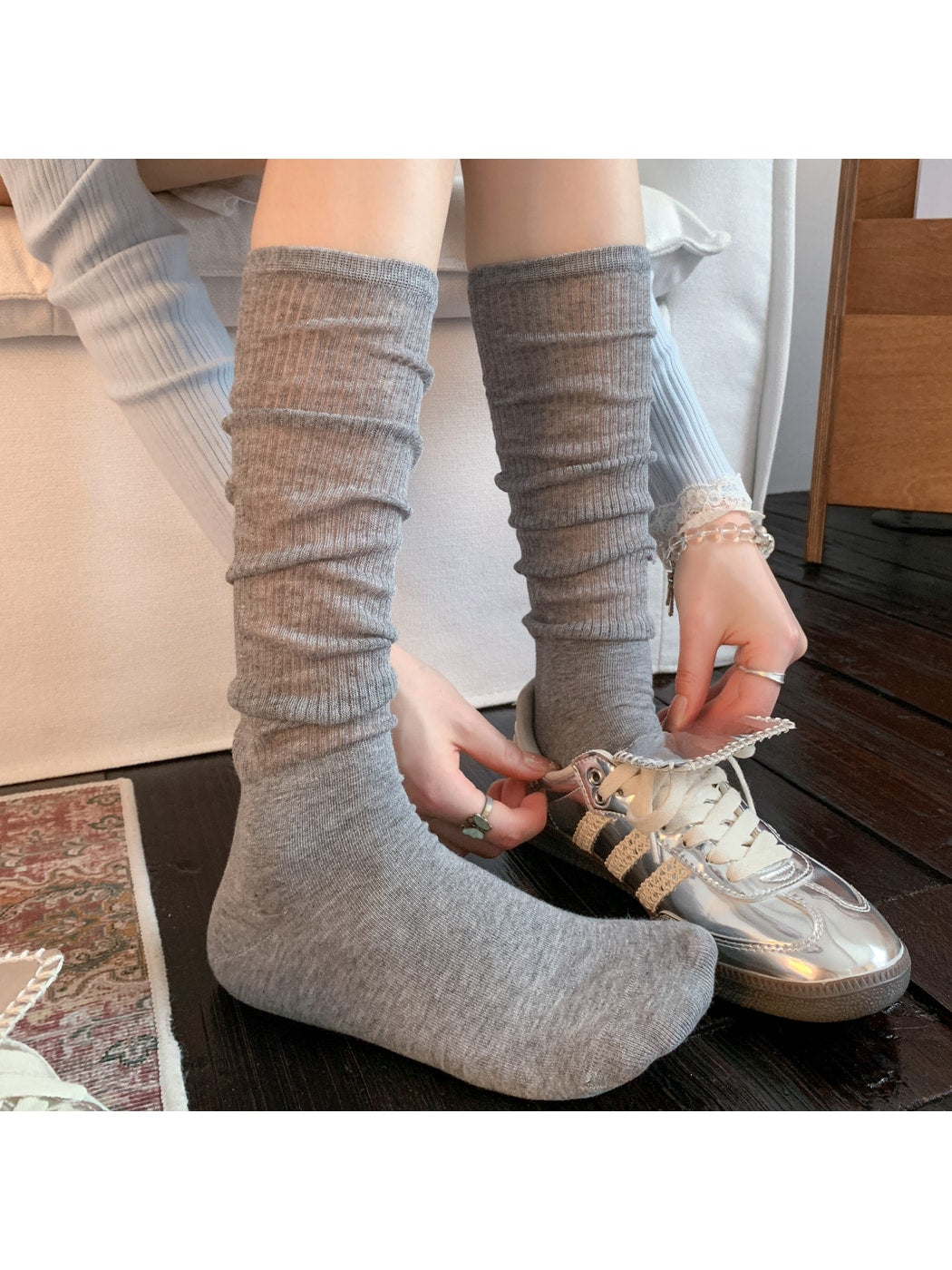 Rufia - Solid Color Ribbed Knee-high Socks