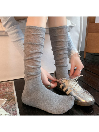 Rufia - Solid Color Ribbed Knee-high Socks