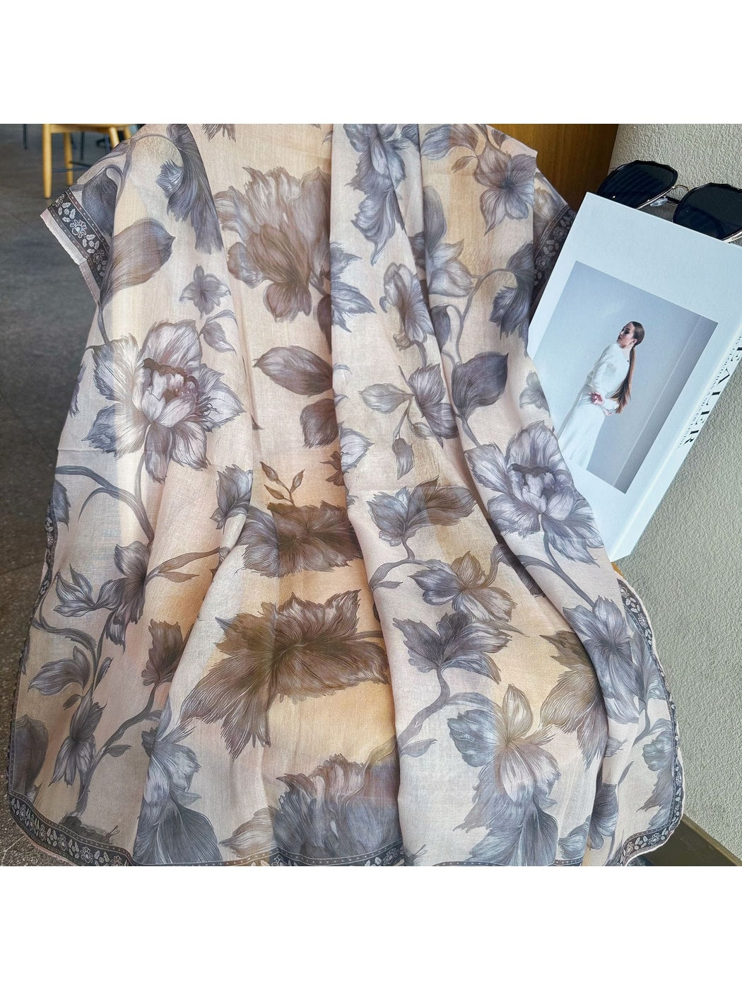 Scarvii - Muted Grey Vintage Floral Print Square Scarf