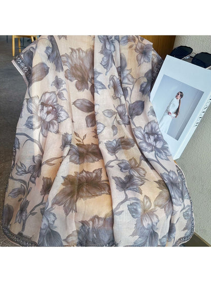 Scarvii - Muted Grey Vintage Floral Print Square Scarf