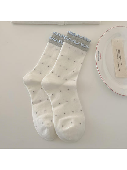 Rufia Dreamy Blue Trim Mixed Crew Socks worn on feet showing fit and design