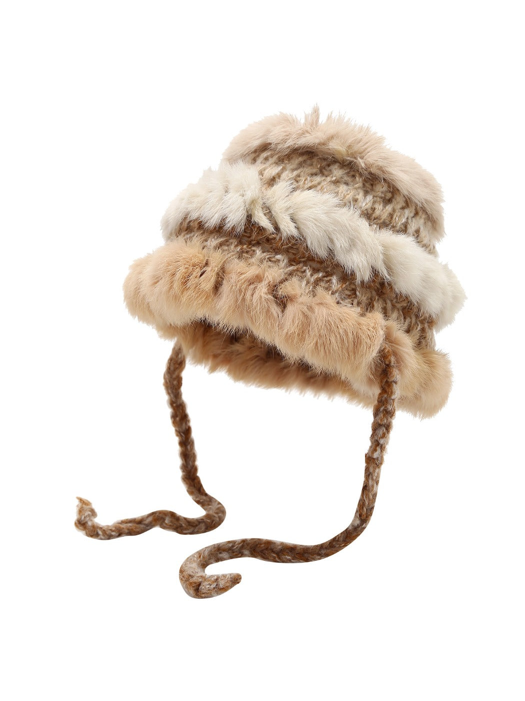Haila Color Block Earflap Tie Beanie with color block detail and knit texture