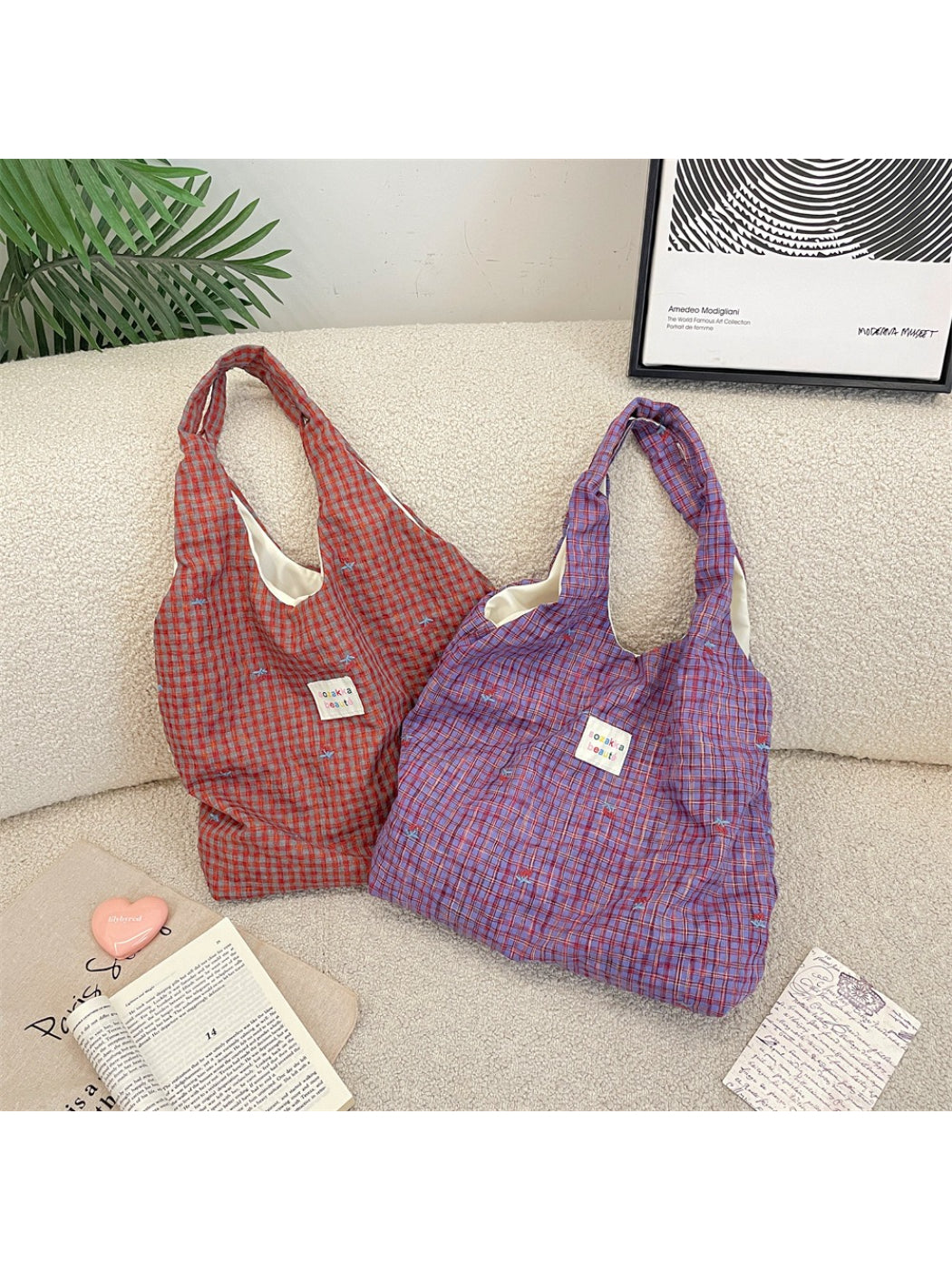 Side angle of Cosbai Soft Check Everyday Shoulder Tote Bag showing shoulder strap