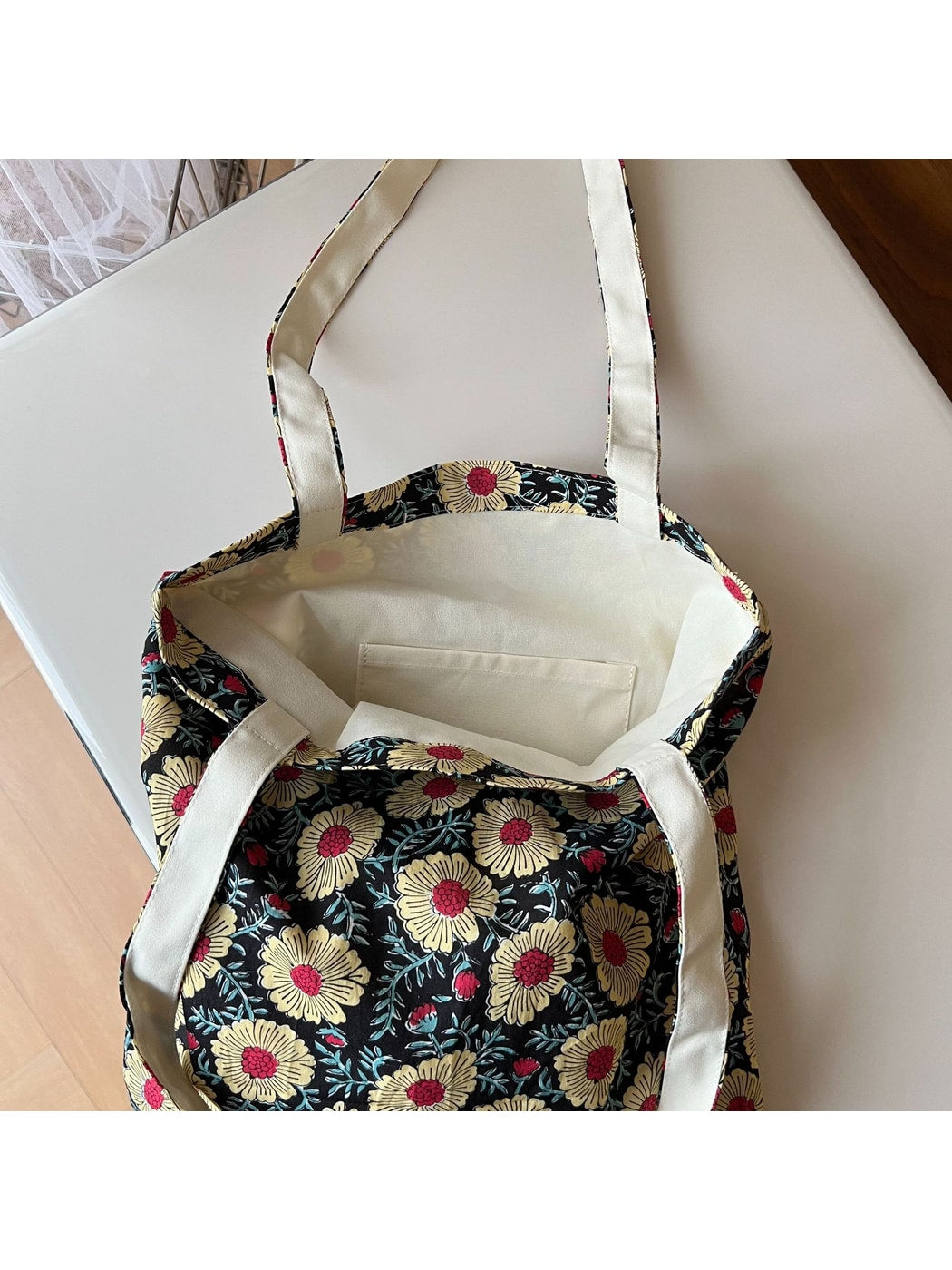 Cosbai - Retro Floral Print Open Top Tote Bag