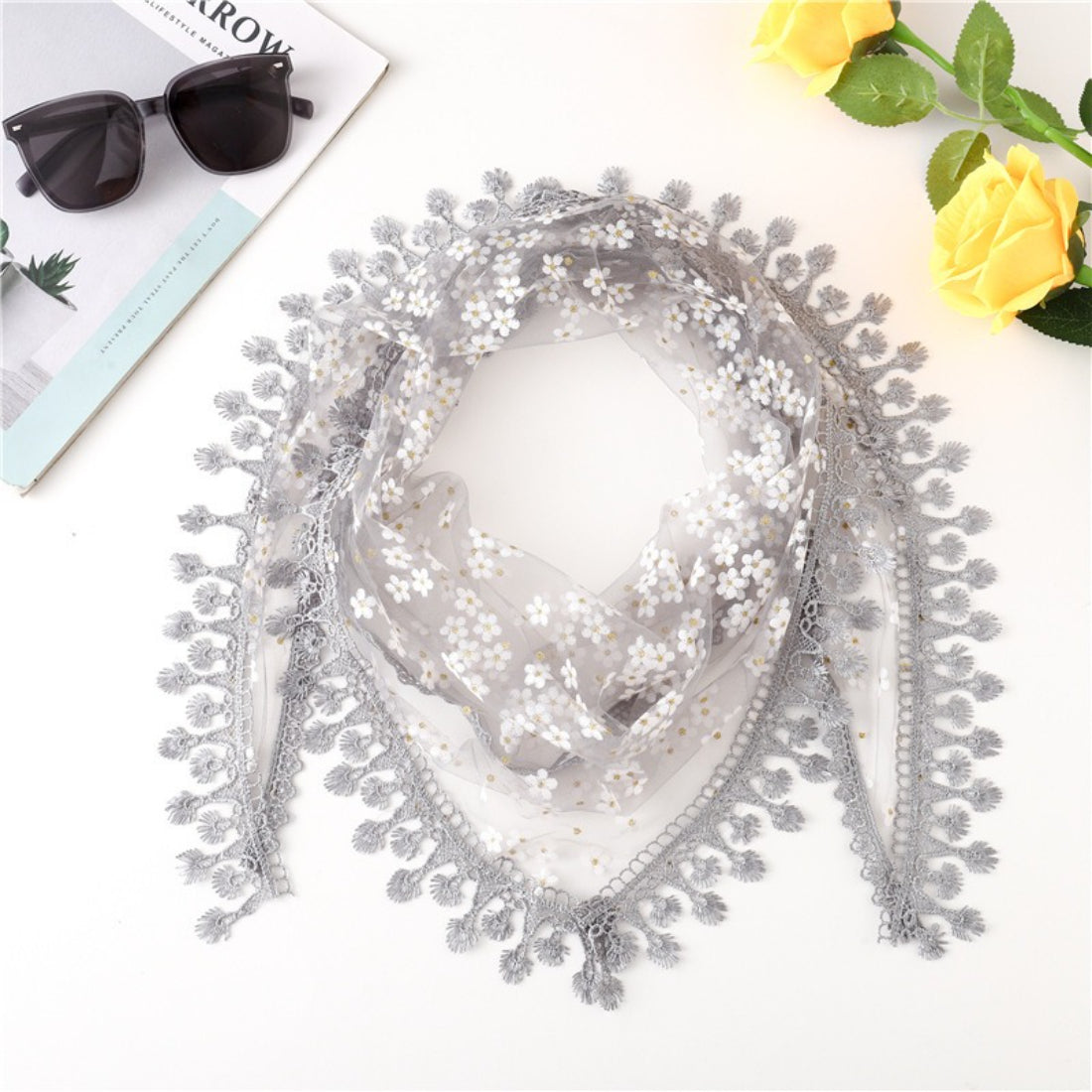 Haila Daisy Lace Triangle Veil Scarf styled as a headscarf on model with visible lace edges