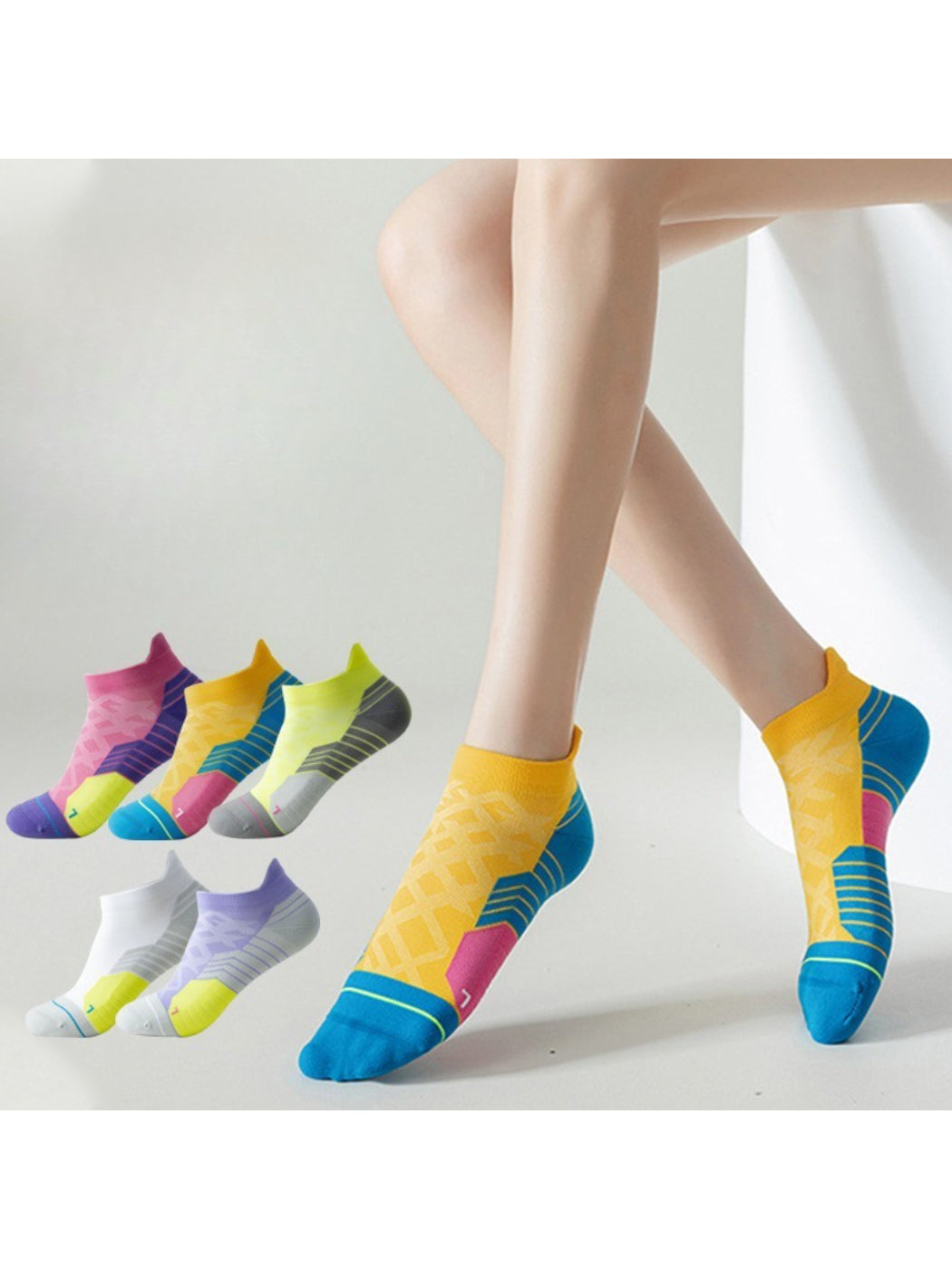 Pair of Rufia Colour Pop low cut sport socks in white with colorful stripes