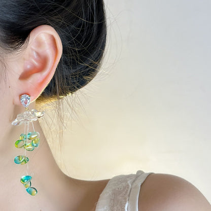 Earwish - Dreamy White Floral & Green Beads Fringe Earrings