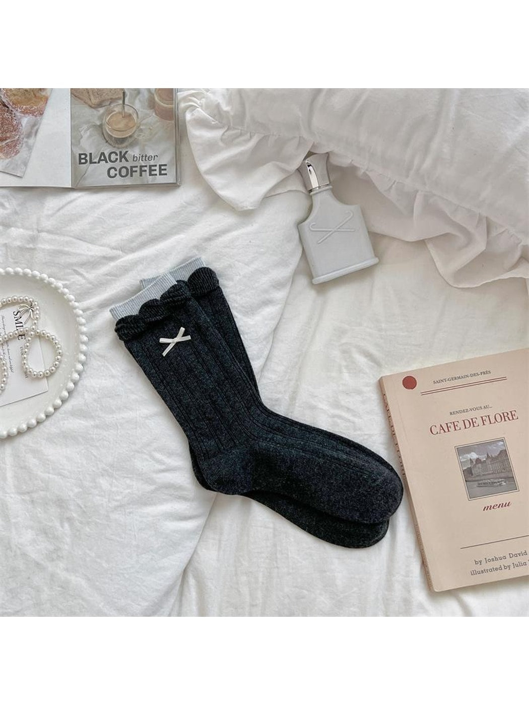 Rufia - Retro Bow Ruffle Cuff Crew Socks