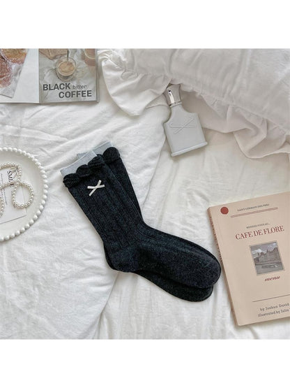 Rufia - Retro Bow Ruffle Cuff Crew Socks