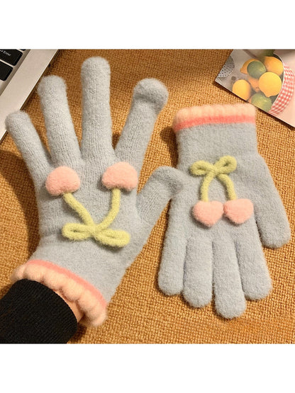 Gloving - Cherry Detail Five-Finger Winter Gloves