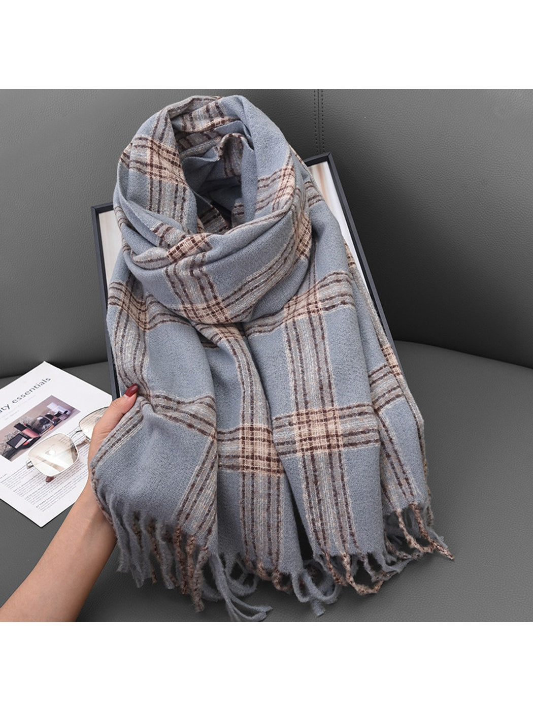 Scarvii - Double-Sided Bold Grid Plaid Fringed Scarf