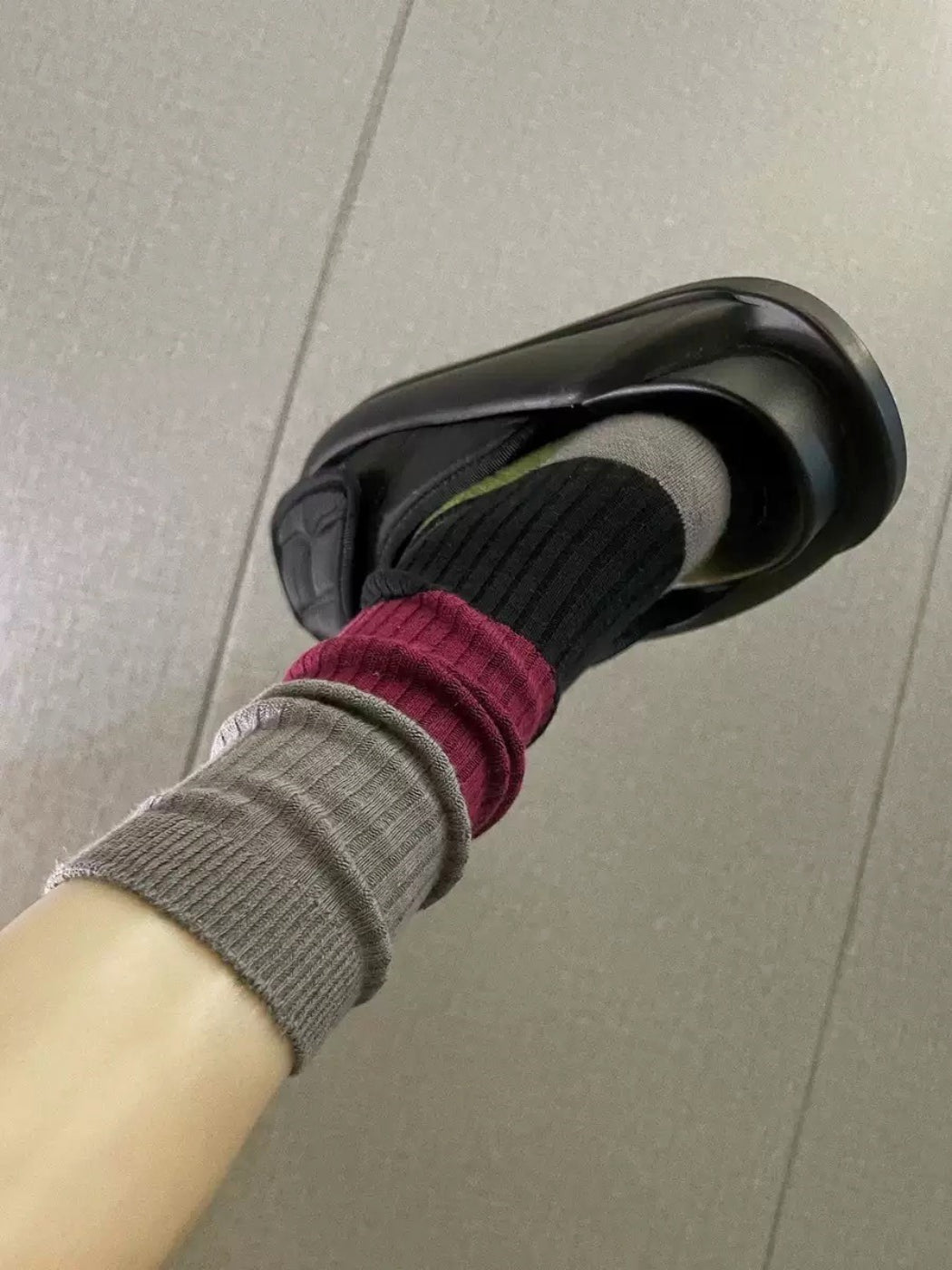 Flat lay of Rufia bold colorblock ribbed crew socks showing full length and ribbed texture